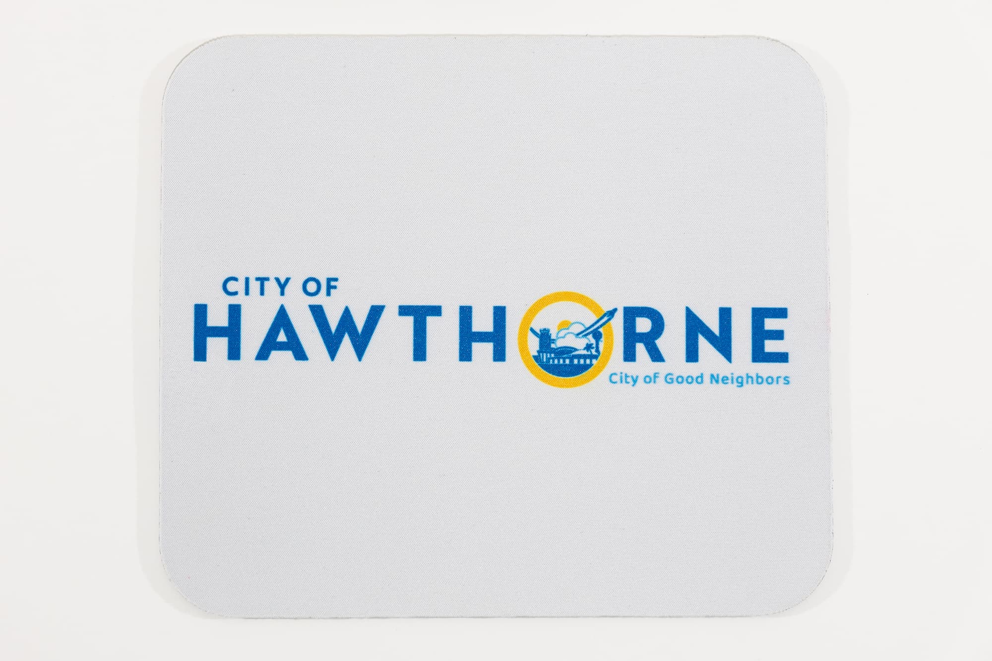 City of Hawthorne logo on a white mousepad